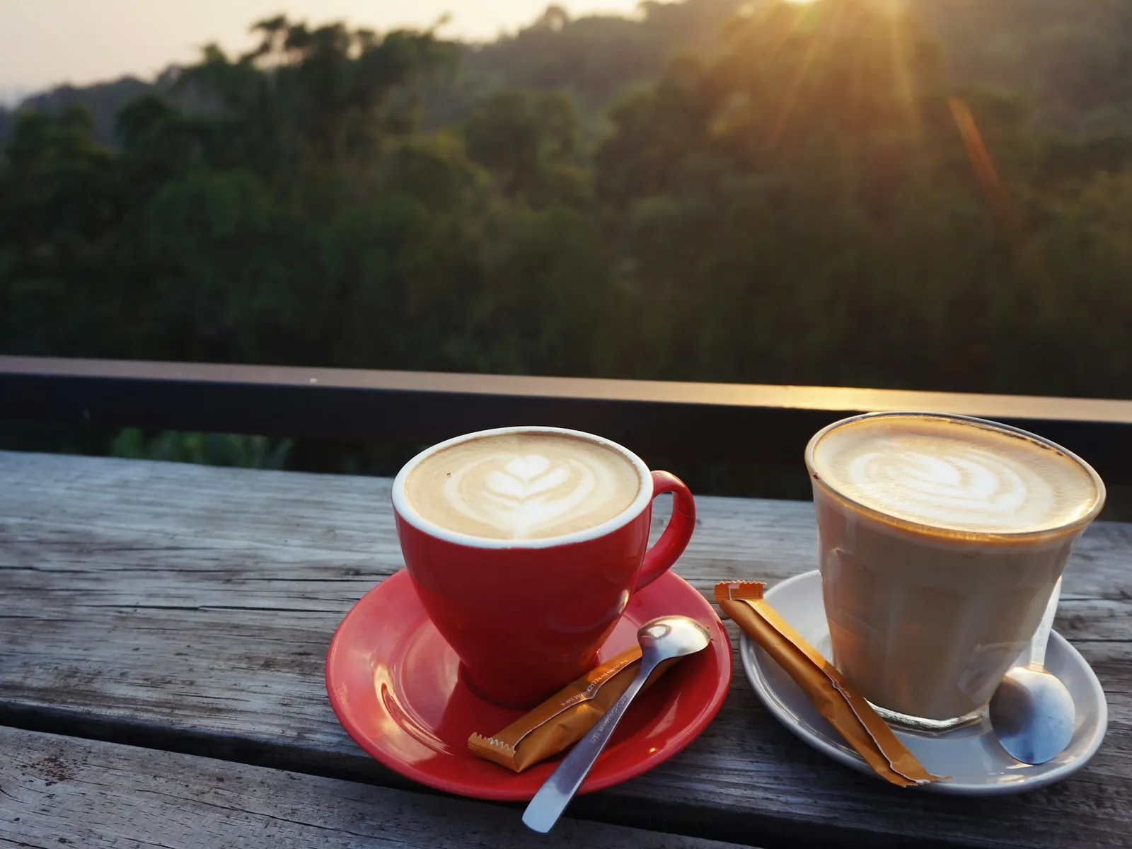 Two coffees on an outdoor table