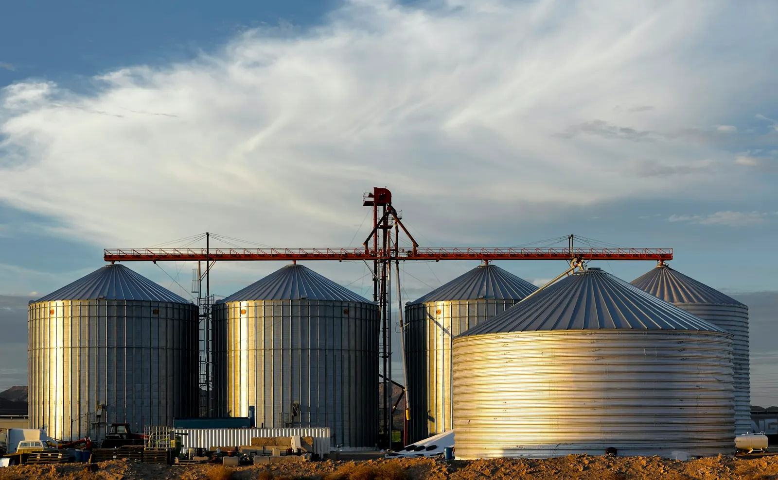 Row of steel grain bins